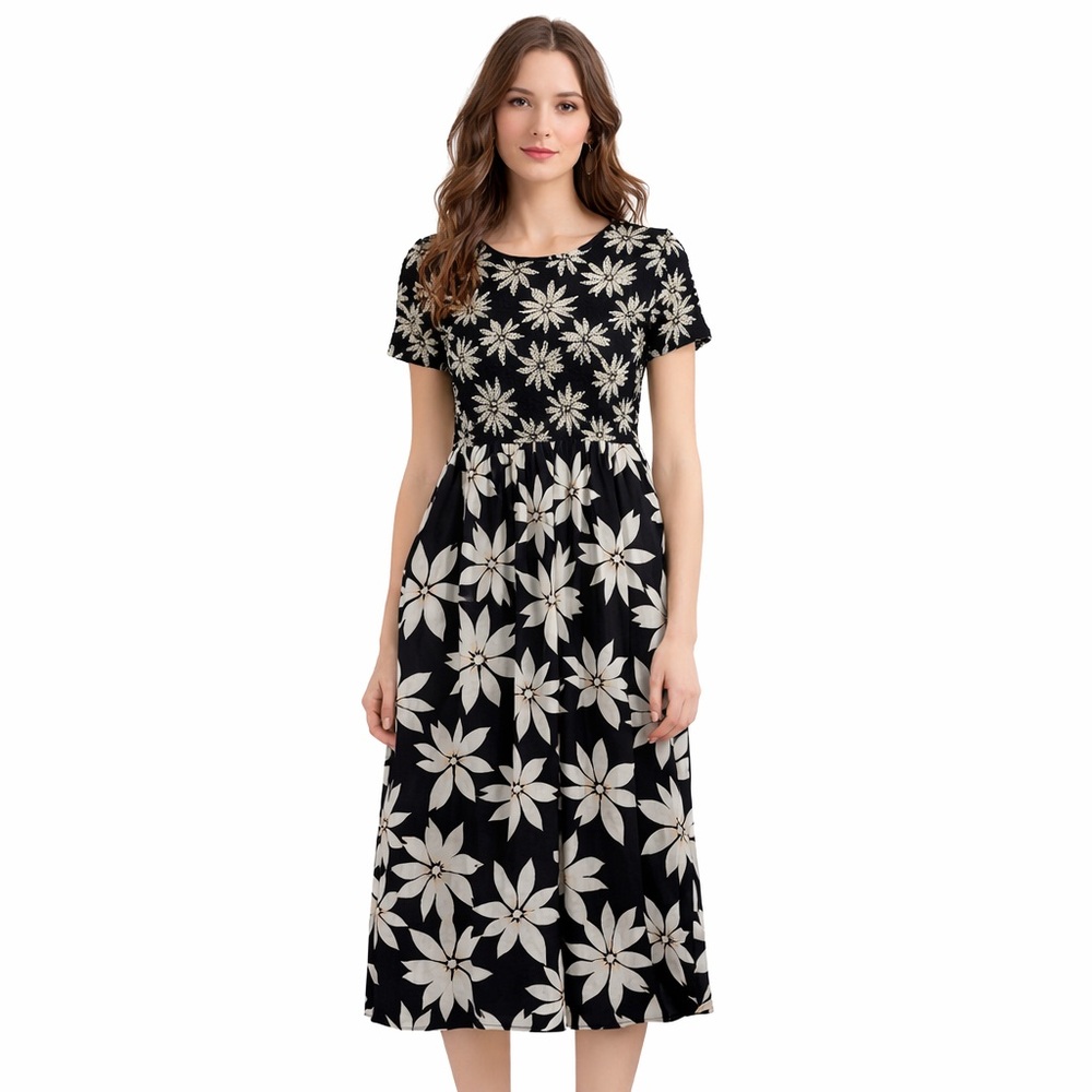 Implements Vintage Black White Floral Dress with Textured Bodice Size XL